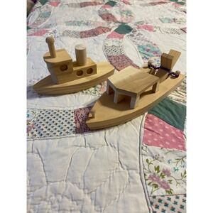 Handmade Wooden Toy Boat Set Tugboat and Rubber Band Paddle Boat Natural Pine